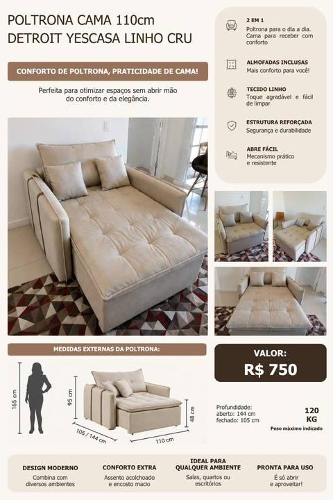 Foto de Poltrona cama 110 cm Detroit Yescasa, linho cru